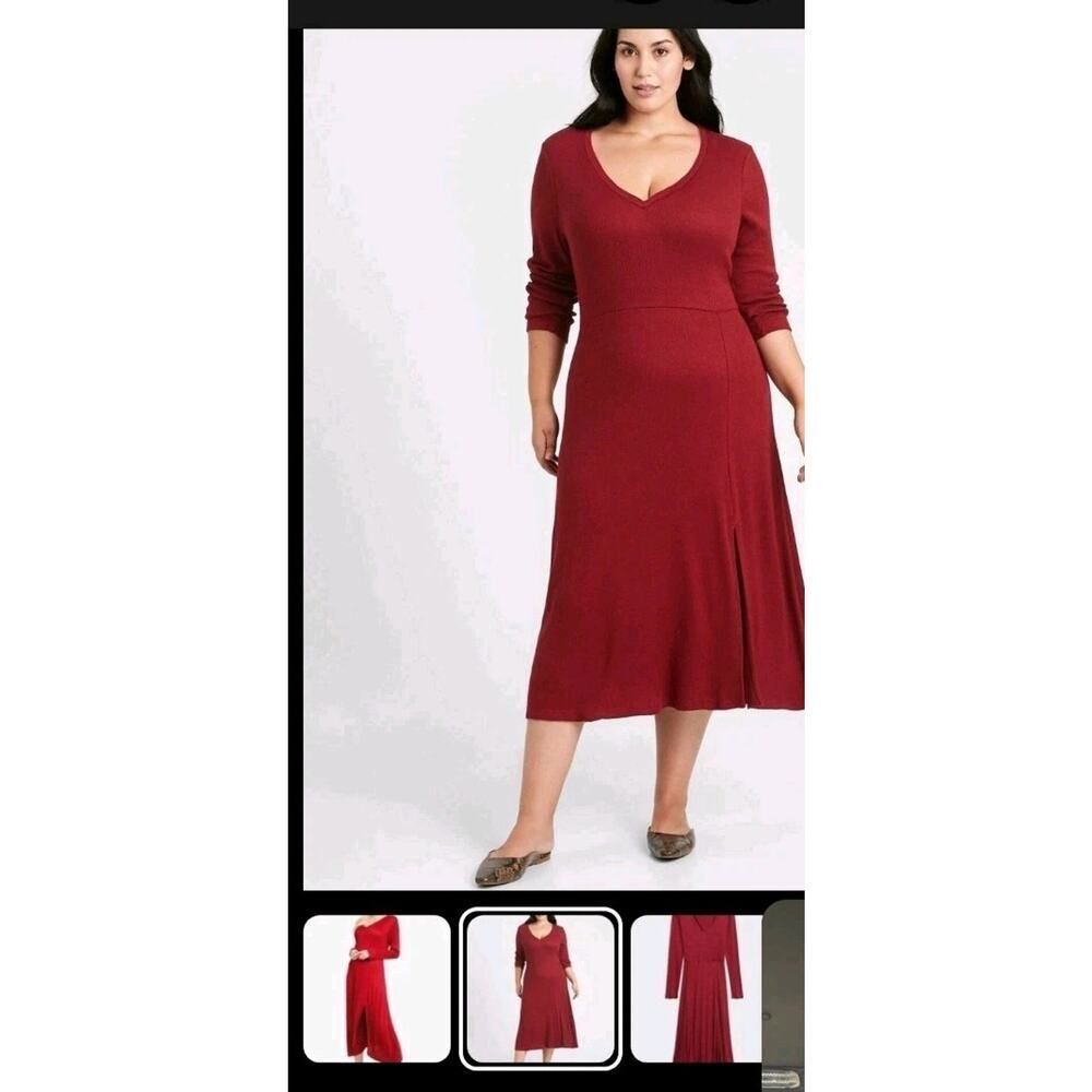 BANANA REPUBLIC Midi Dress L Ribbed-Knit Mulled Cranberry Red $99 - Picture 1 of 3